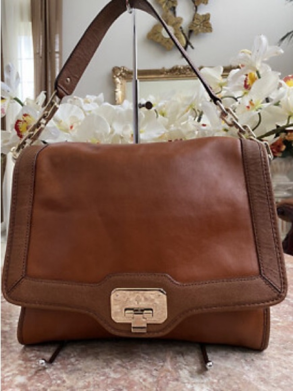 Cole Haan Cognac Leather Shoulder Bag with Gold Hardware
